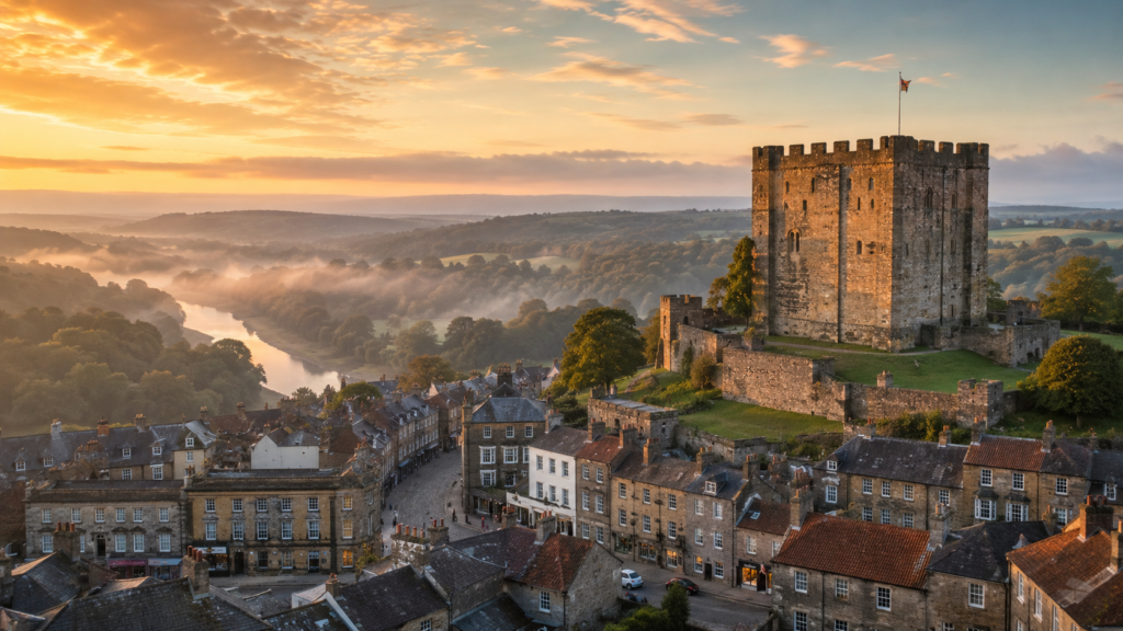 Richmond Castle's Norman keep rising above the market town and River Swale in North Yorkshire, one of the best castles in Yorkshire
