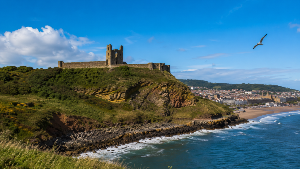 Scarborough Castle ruins on the clifftop headland above the North Sea on the Yorkshire coast