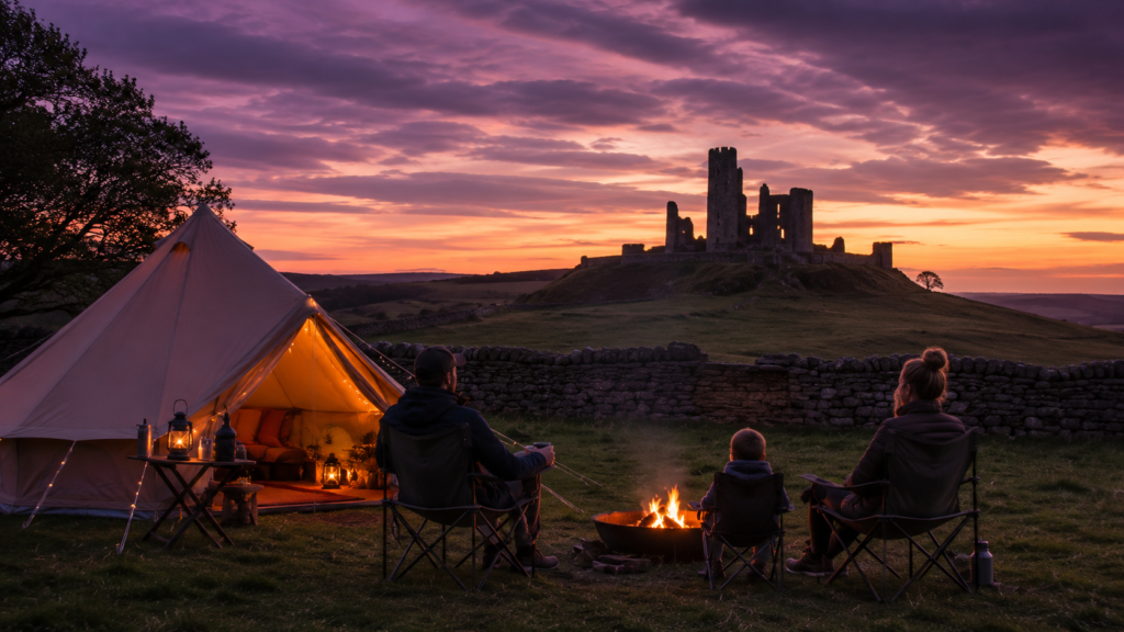 Tent glowing at dusk on a Yorkshire Dales campsite with a ruined castle silhouette on the hillside behind