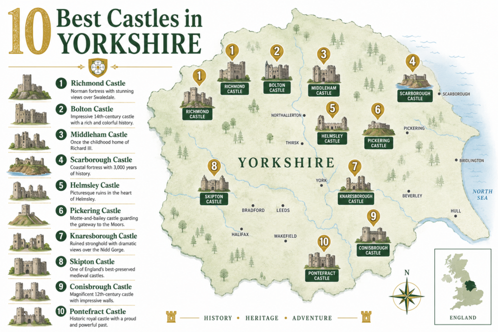 Map infographic showing the locations of the 10 best castles in Yorkshire, including Richmond, Skipton, Bolton and Scarborough