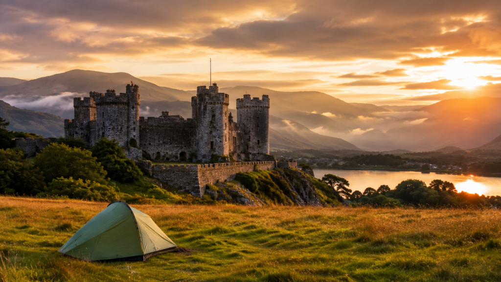 Medieval castle overlooking a Lake District valley at sunset with a campsite tent in the foreground meadow