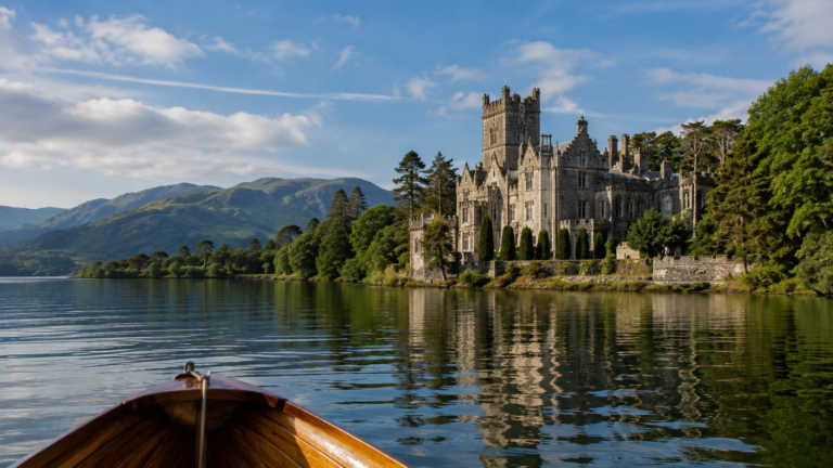 Turreted Victorian castle on the tree-lined shore of Lake Windermere seen from the water