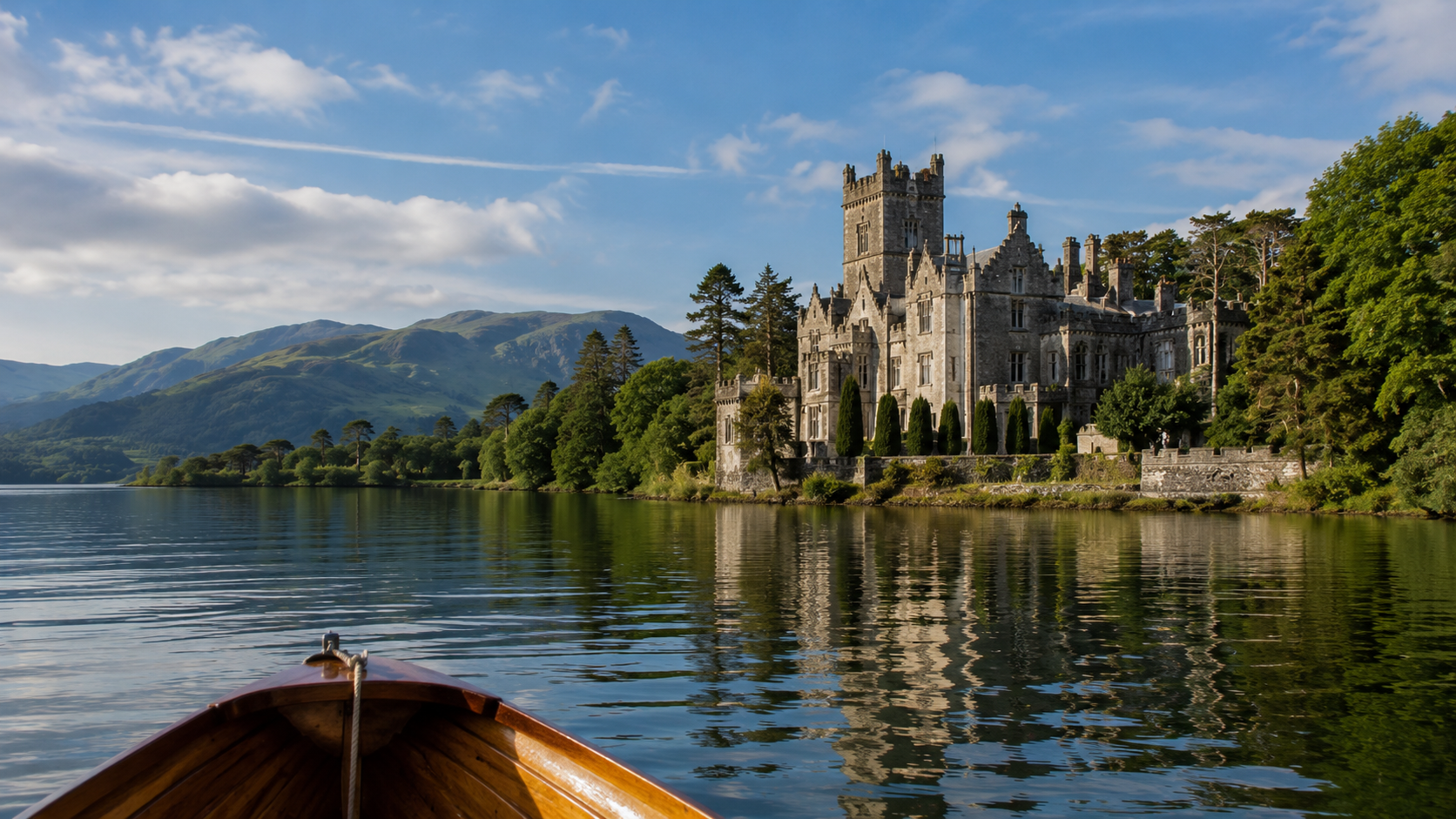 Turreted Victorian castle on the tree-lined shore of Lake Windermere seen from the water