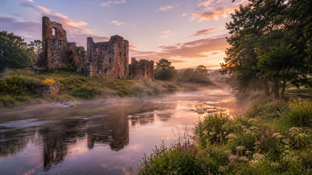 Ruined medieval castle beside a misty river at dawn in the Eden valley, Cumbria