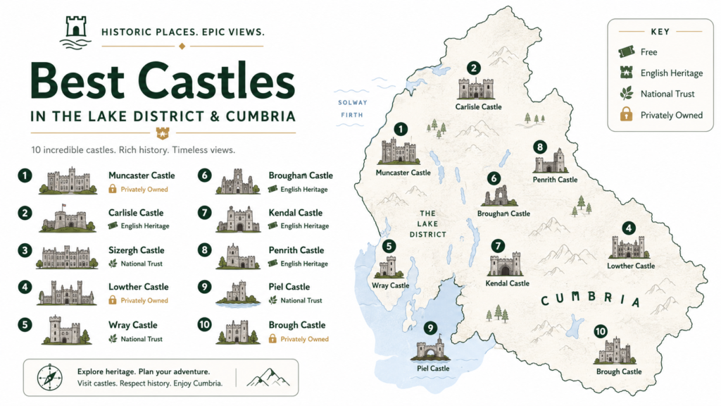 Infographic map showing the locations of the ten best castles in the Lake District and Cumbria with ownership colour key
