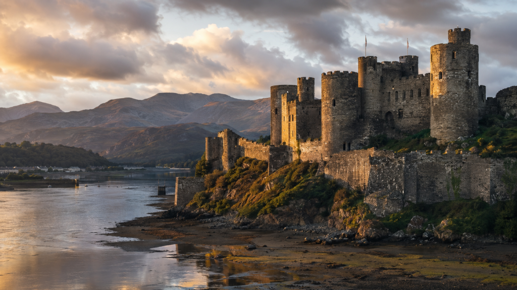 Spectacular medieval castle above an estuary in North Wales at sunset
