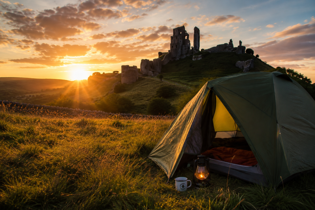 Tent pitched in a field with a ruined castle on the horizon at sunset, camping near castles in Northern Ireland