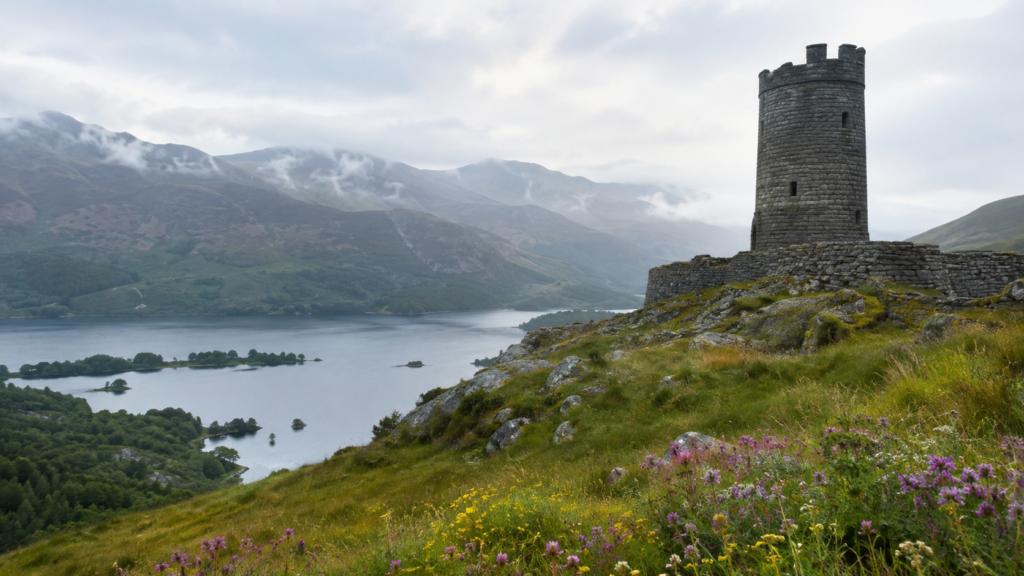 Lone castle tower overlooking a lake in North Wales, a free heritage site to visit