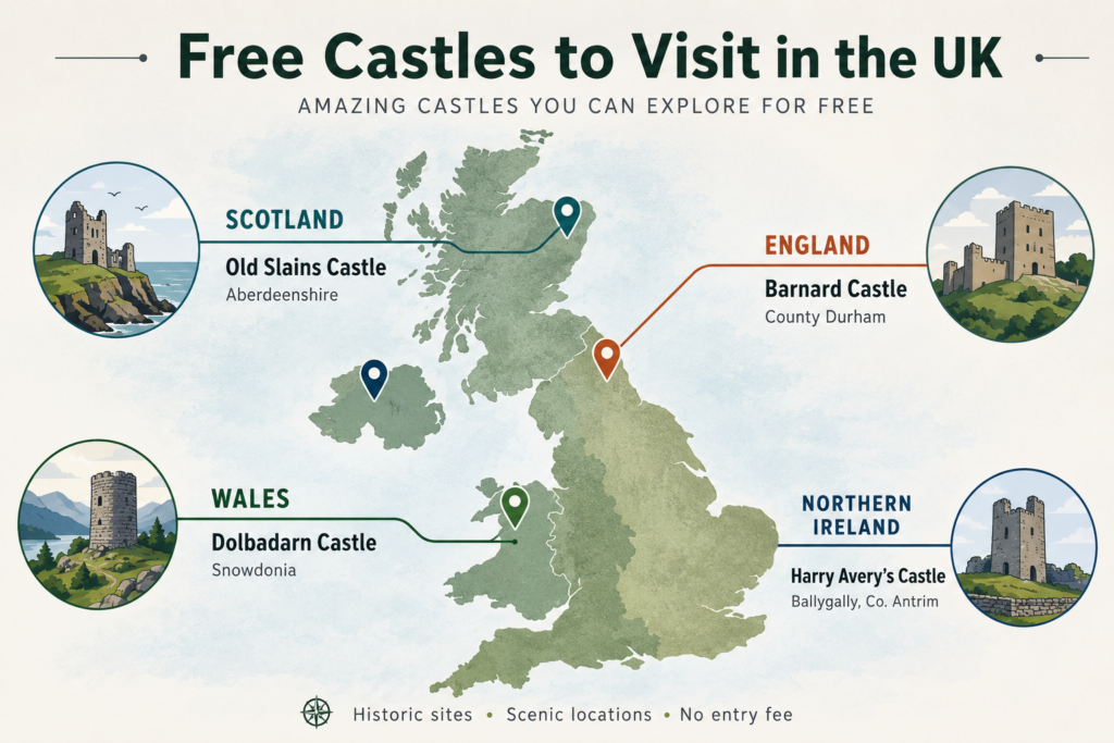 Infographic map showing free castles to visit across England, Scotland, Wales, and Northern Ireland