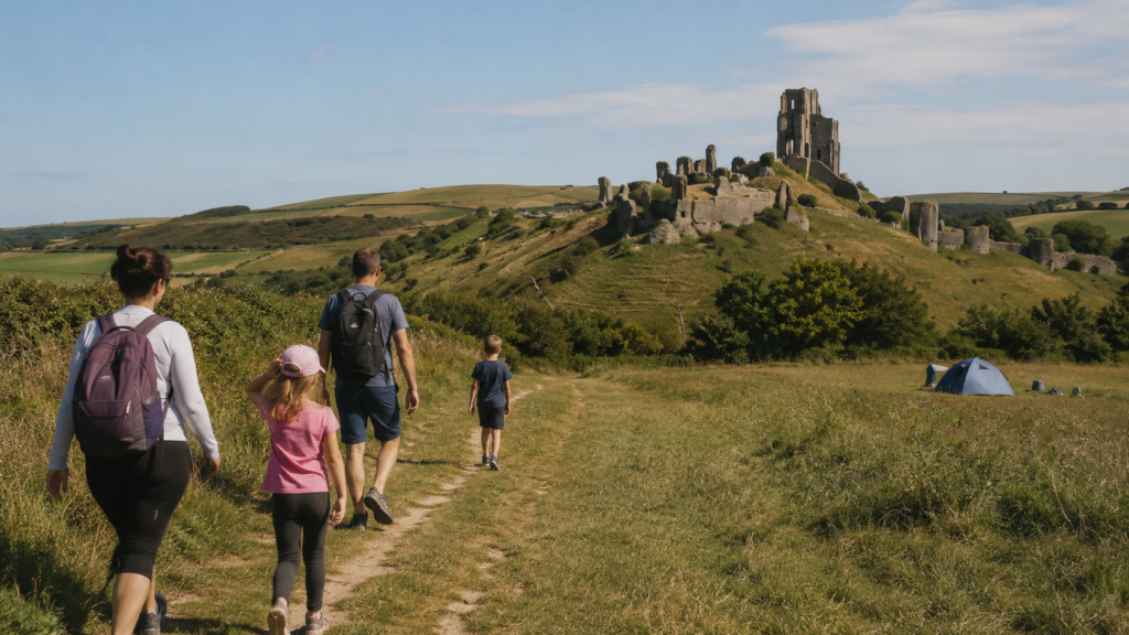 Family walking towards a free castle ruin with a nearby campsite visible in the distance