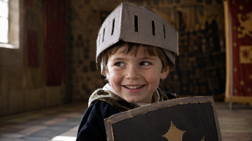 Child dressed as a knight exploring a castle great hall