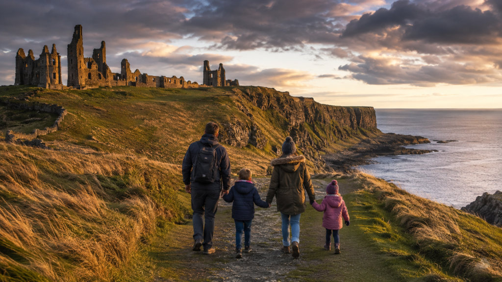 Family walking toward a dramatic clifftop castle ruin at golden hour
