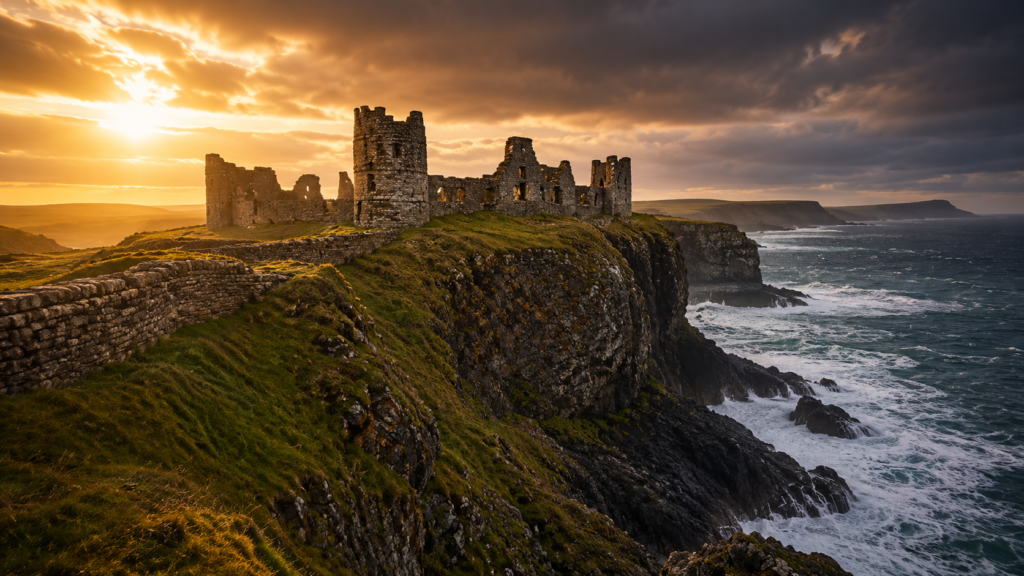 Ruined castle on a cliff-top headland overlooking the sea at golden hour