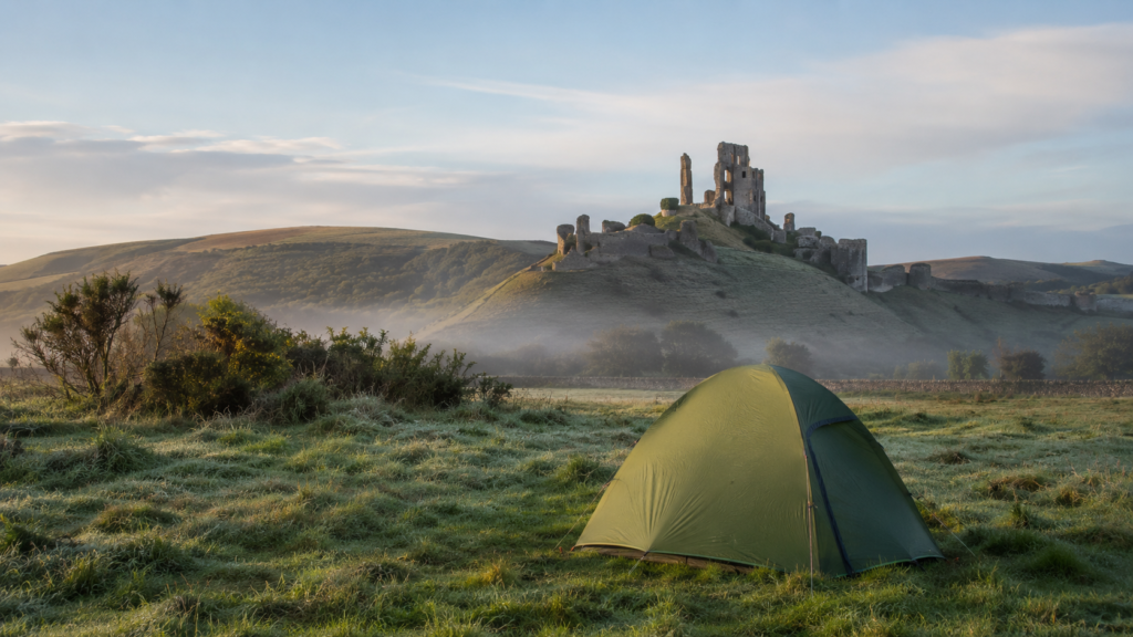 Tent pitched in a field with a distant ruined castle visible on the hillside