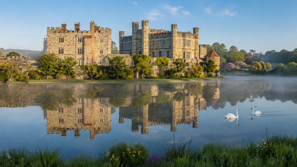 Leeds Castle in Kent reflected in its lake on a misty spring morning