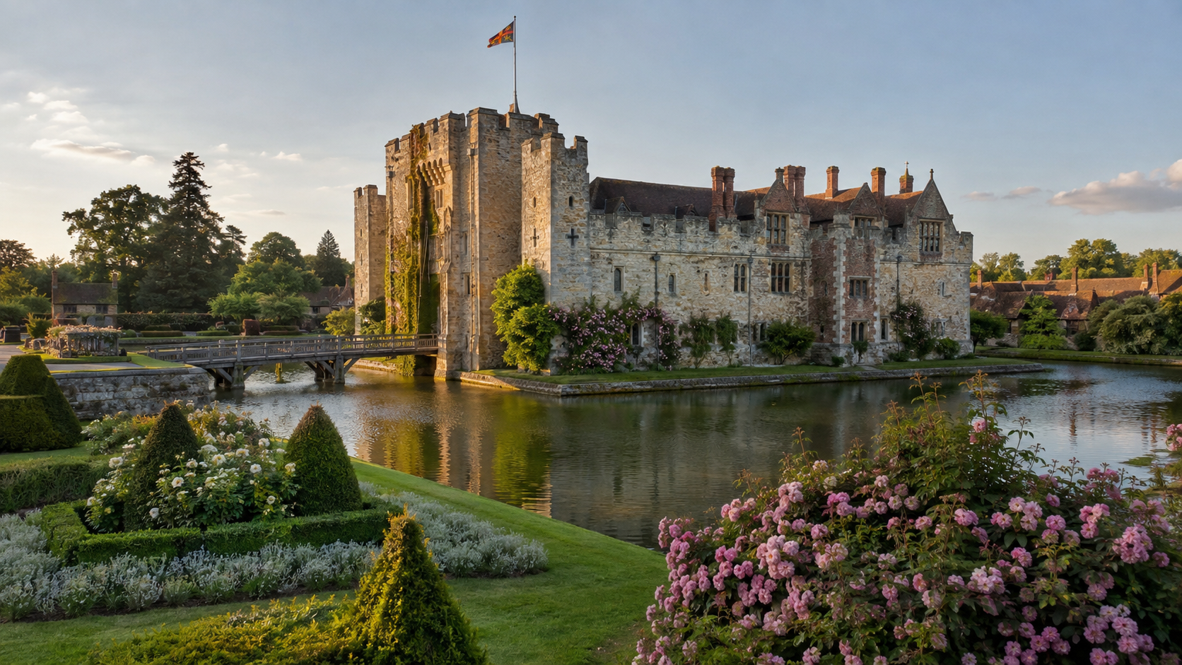 Hever Castle and its moat surrounded by rose gardens in the Kent countryside