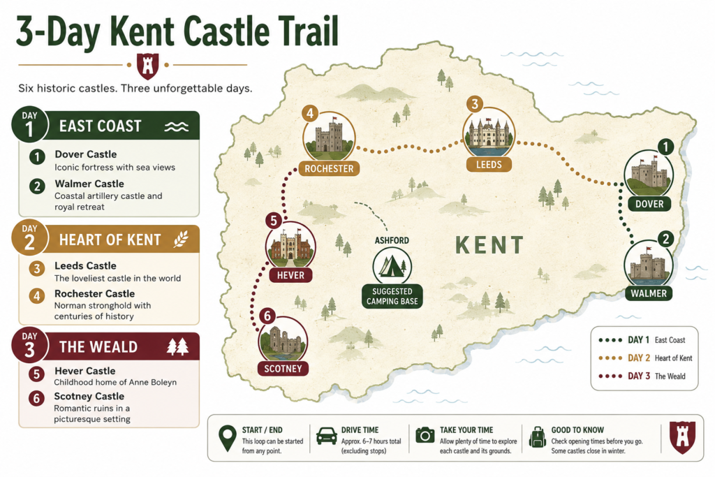 Infographic map showing a 3-day castle trail route through Kent visiting Dover, Walmer, Leeds, Rochester, Hever and Scotney castles
