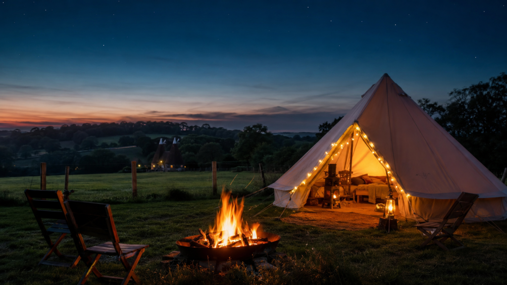 Campsite at dusk in the Kent countryside with a glowing bell tent and campfire