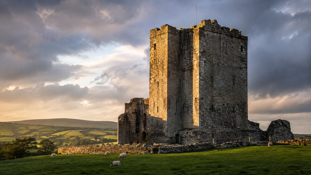 A Norman stone keep castle with narrow arrow-slit windows standing on green English countryside in golden afternoon light