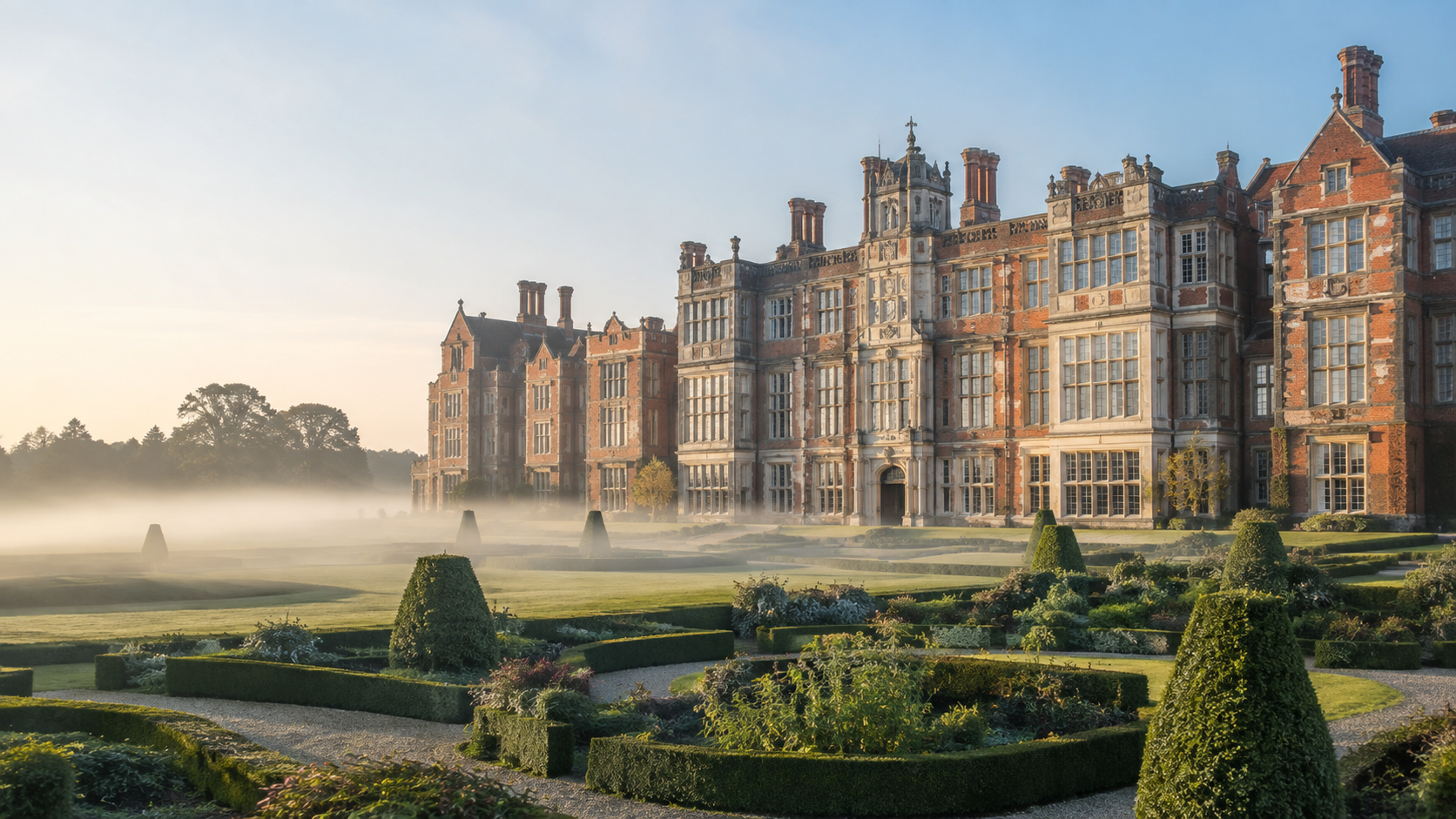 A grand Tudor-style English castle palace with tall mullioned windows and ornate chimneys overlooking manicured gardens