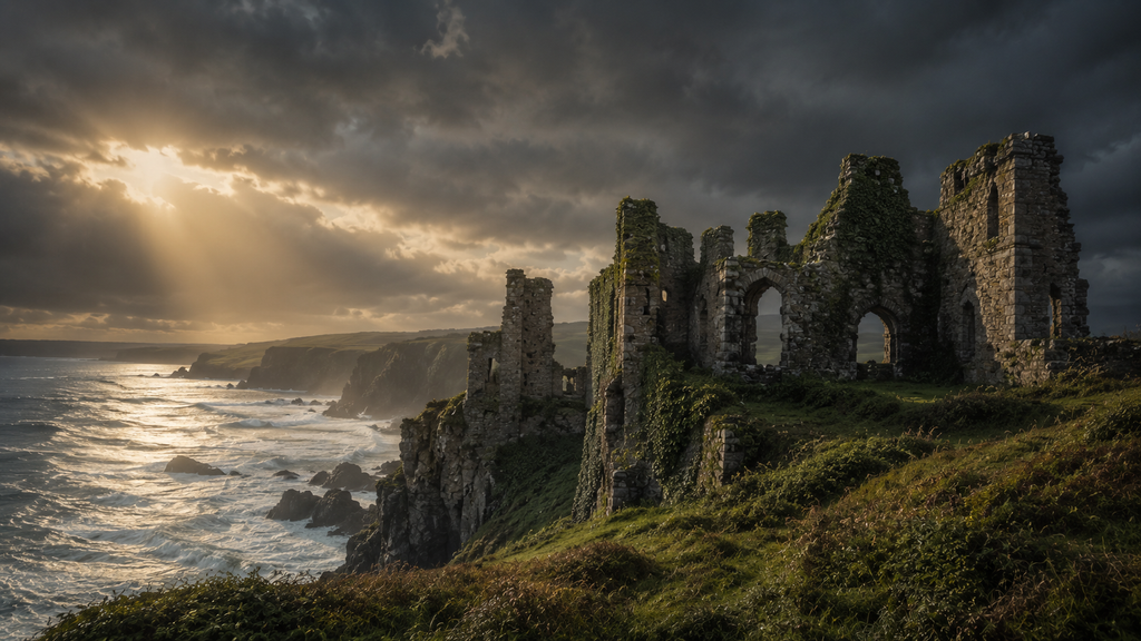 An ivy-covered ruined castle on a dramatic clifftop above the ocean under a stormy, sunlit sky
