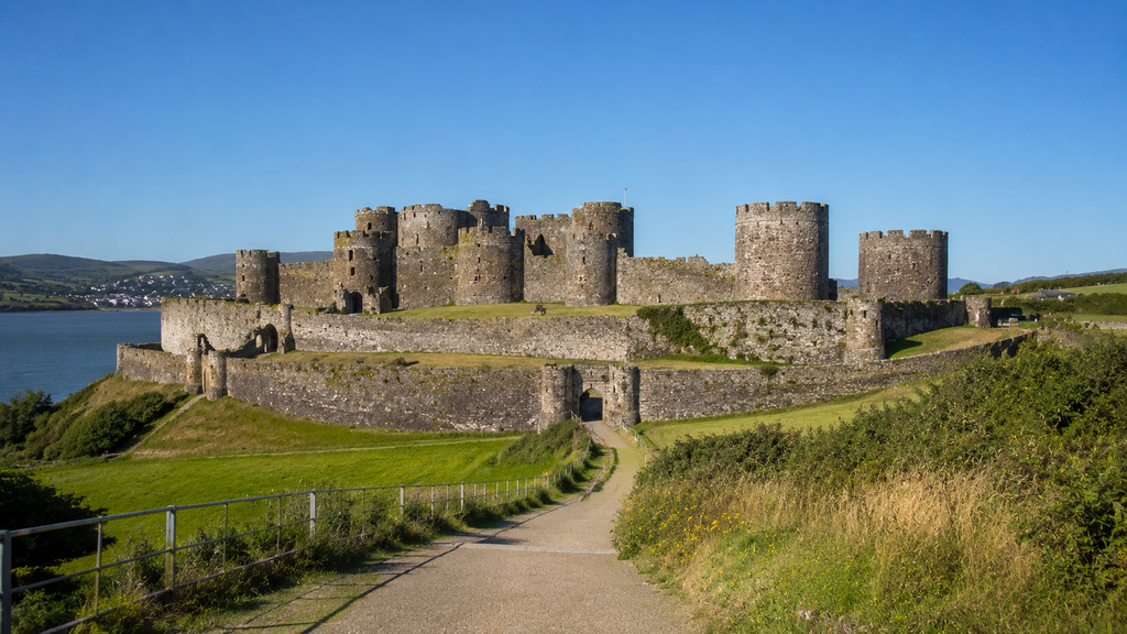 A well-preserved concentric Welsh castle with round towers and layered defensive walls under a clear blue sky
