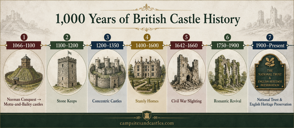 Horizontal timeline infographic showing 1,000 years of British castle history from the 1066 Norman Conquest through Civil War slighting to modern National Trust preservation